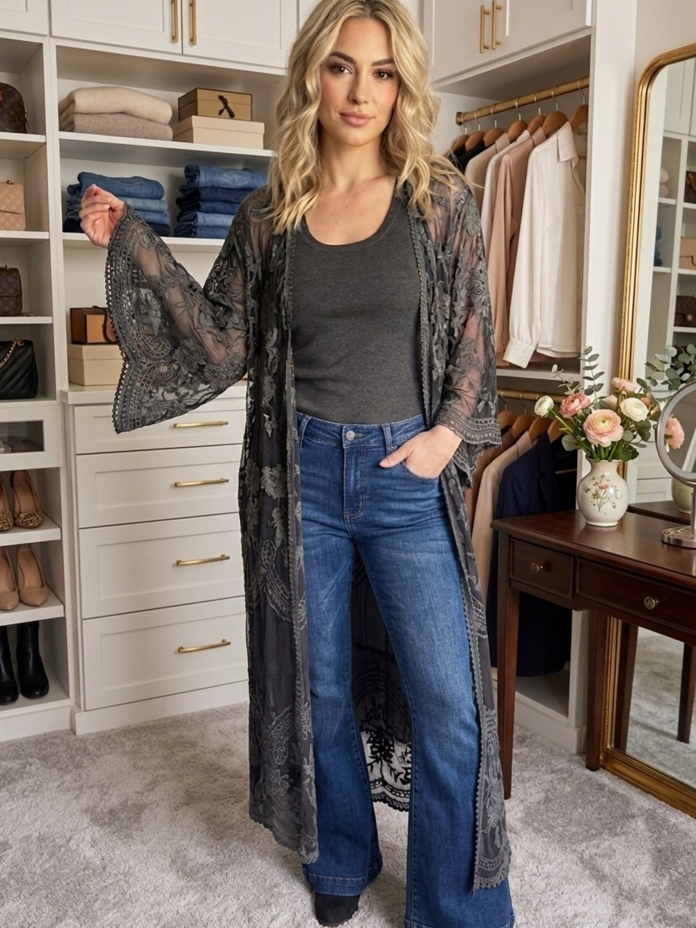 Origami rare sheer embroidered lace kimono duster beautiful!